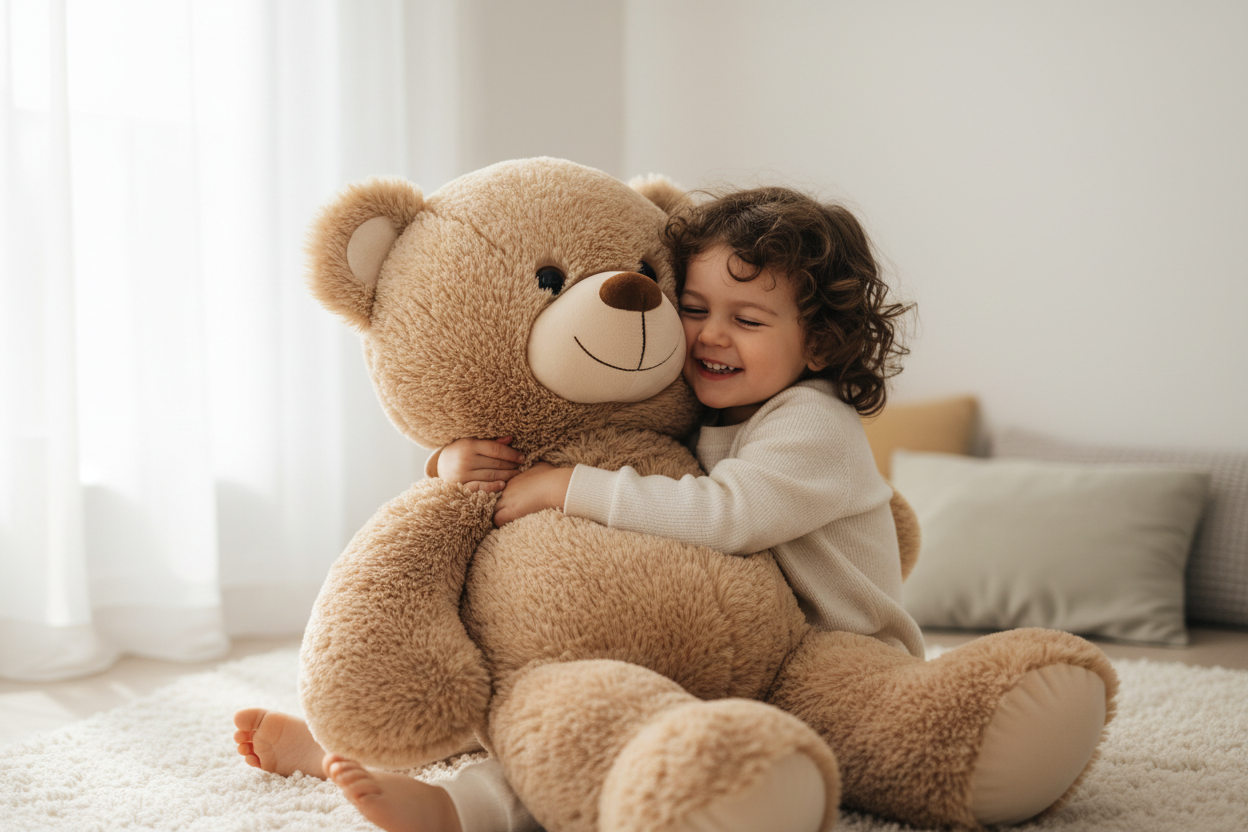 fotodi una bambino che abbraccia n peluche gigante FOTO professinale per la homebage